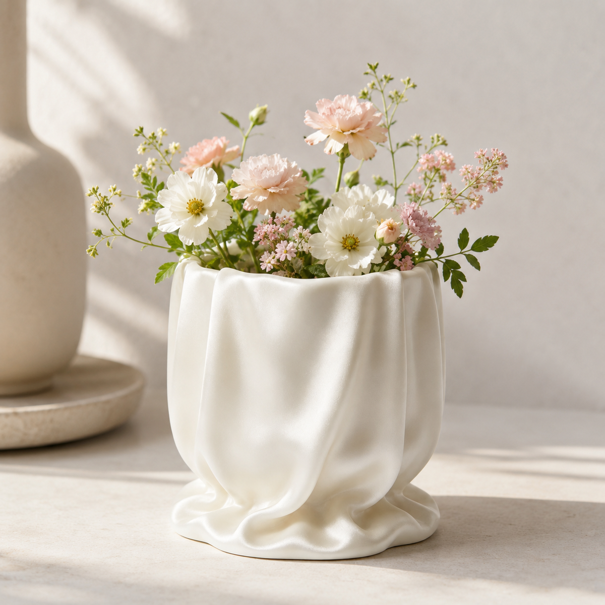 Cream‑White Pleated Paper‑Bag Ceramic Planter