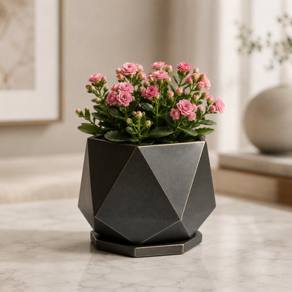 Luxury Black‑Gold Geometric Faceted Planter with Drainage Saucer
