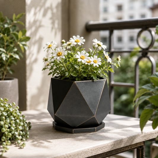 Luxury Black‑Gold Geometric Faceted Planter with Drainage Saucer