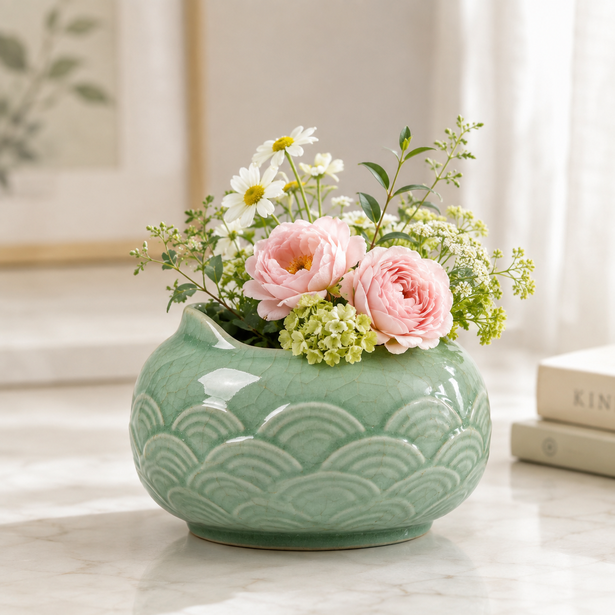New Chinese Celadon Wave Embossed Planter