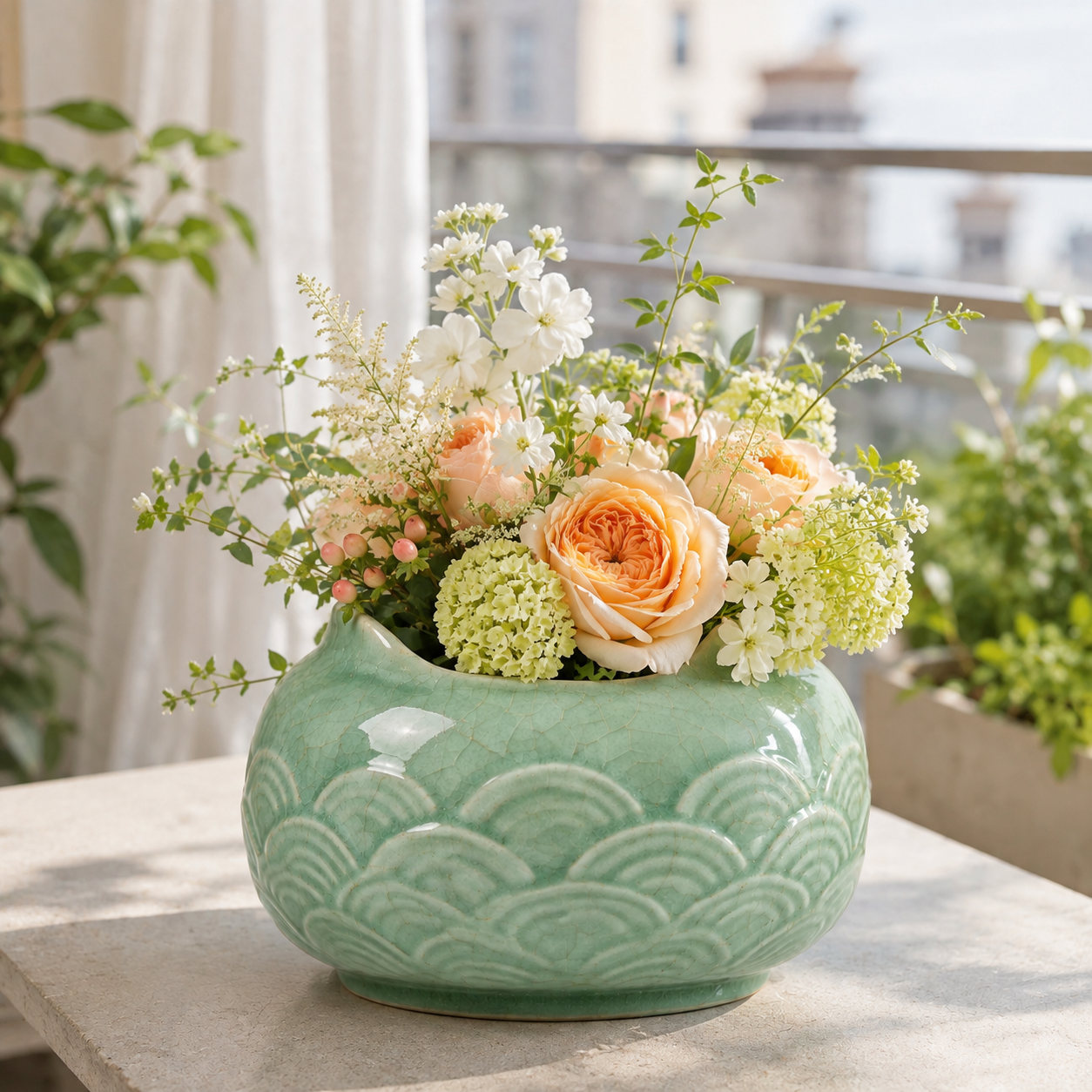 New Chinese Celadon Wave Embossed Planter