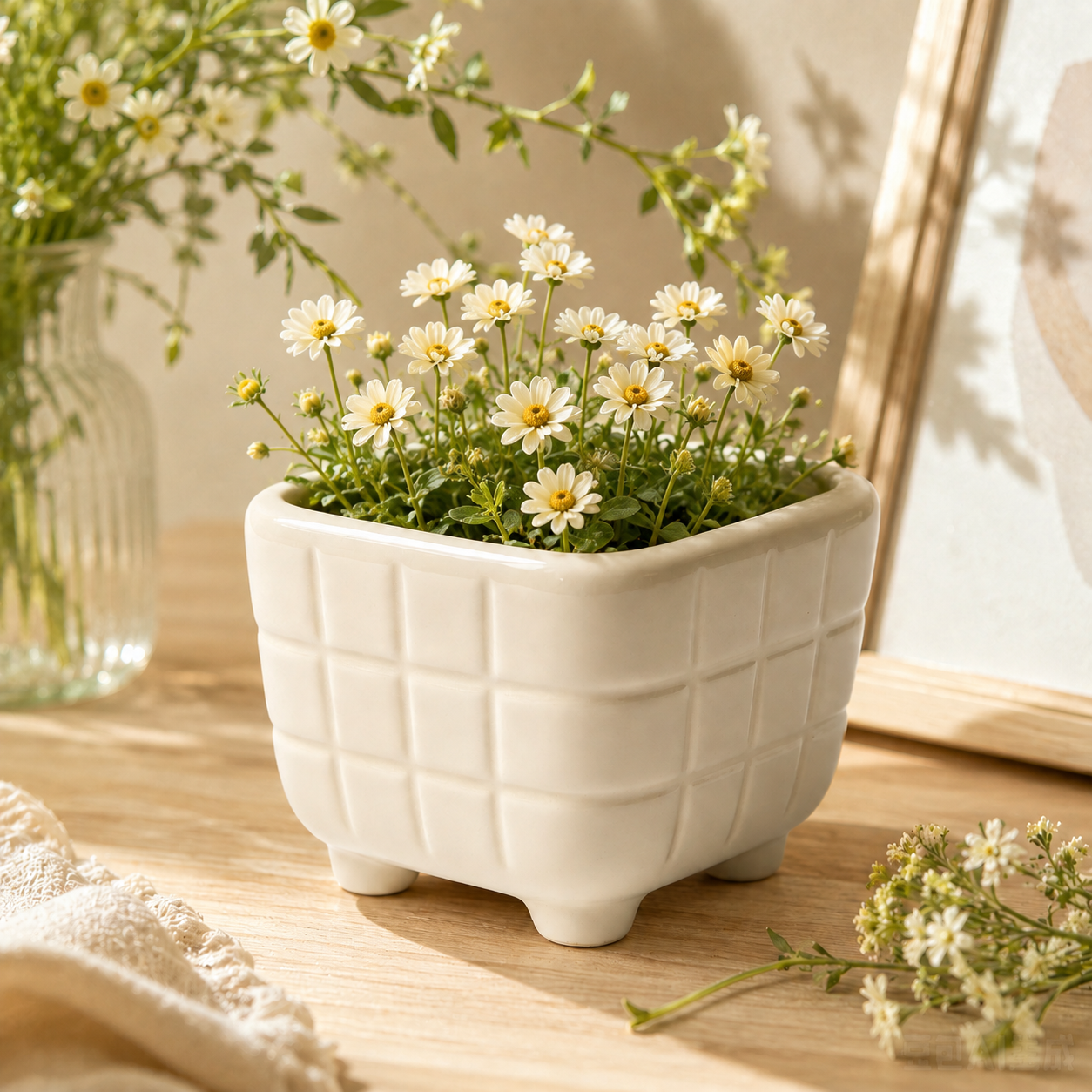 Minimalist Cream‑White Grid Square Ceramic Planter