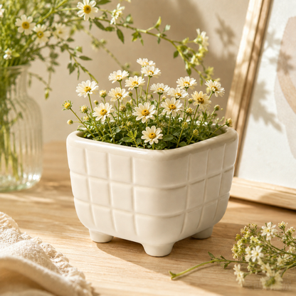 Minimalist Cream‑White Grid Square Ceramic Planter