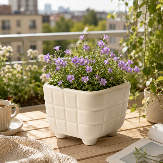 Minimalist Cream‑White Grid Square Ceramic Planter