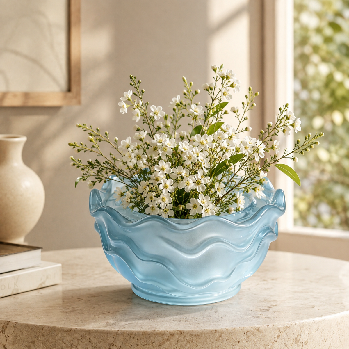 Light Blue Frosted Wavy‑Rim Planter