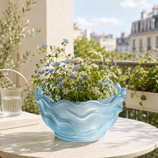 Light Blue Frosted Wavy‑Rim Planter