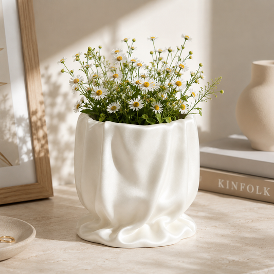 Cream‑White Pleated Paper‑Bag Ceramic Planter