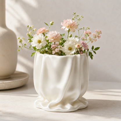 Cream‑White Pleated Paper‑Bag Ceramic Planter