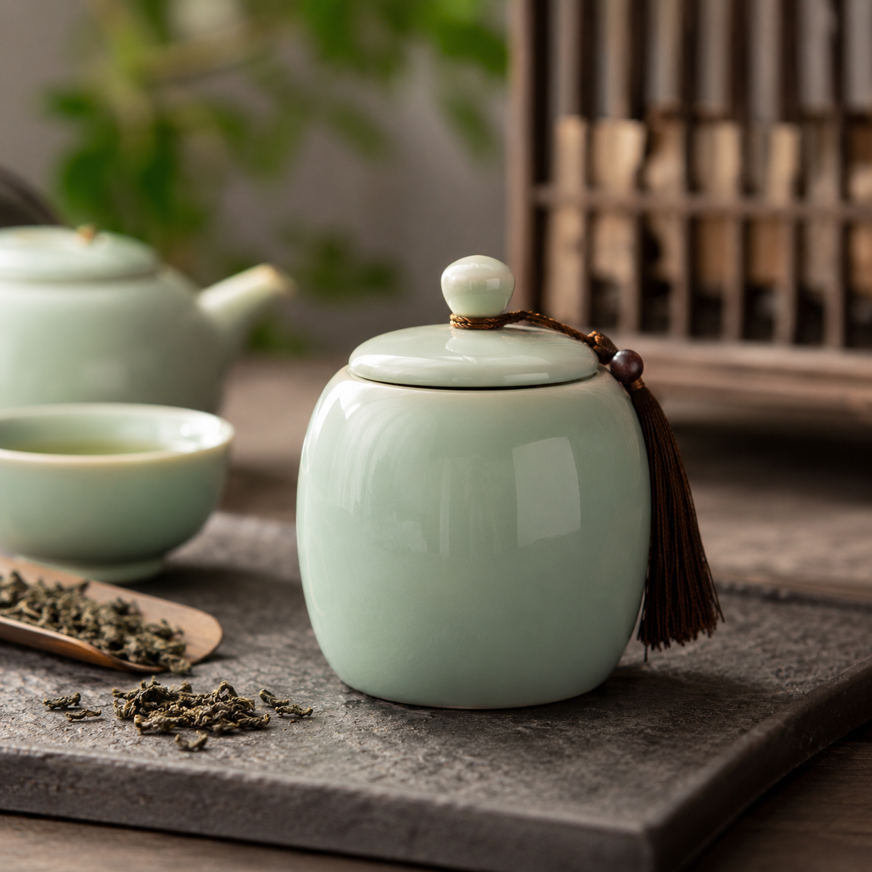 Pale Celadon-Inspired Ceramic Tea Canister