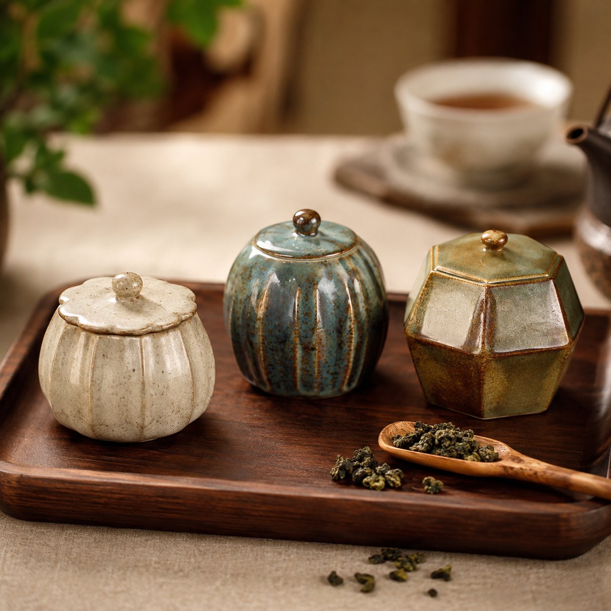 3-Piece Reactive-Glaze Ceramic Tea Canister Set