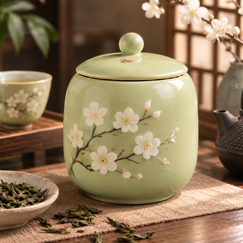 Pale Green Blossom Ceramic Tea Storage Canister