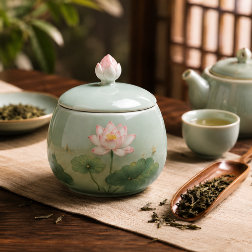 Celadon Lotus Ceramic Tea Storage Canister
