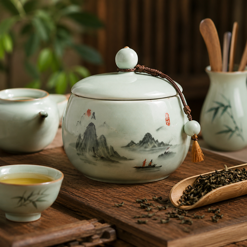 Celadon Landscape Ceramic Tea Storage Canister